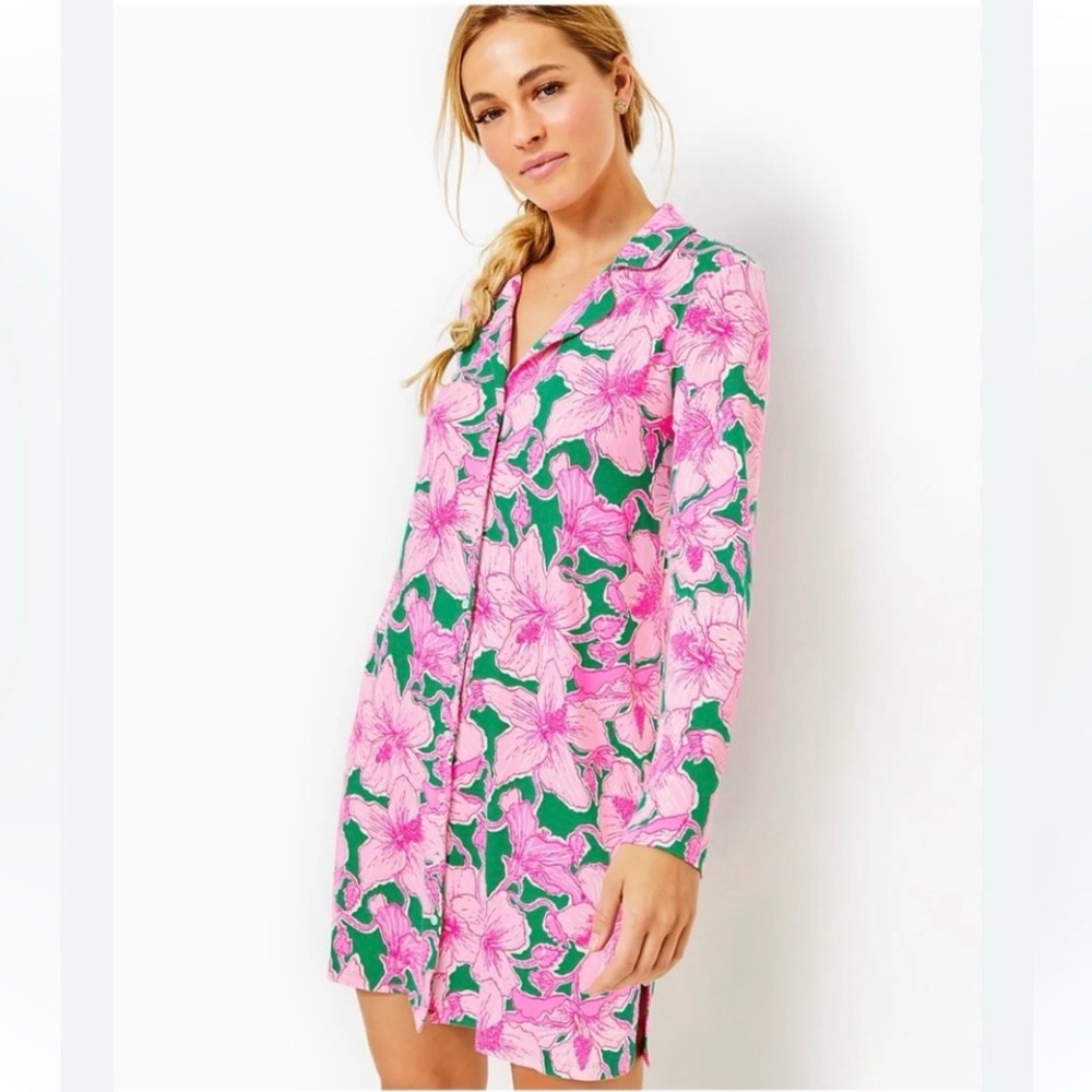 Lily Pulitzer Floral Chilton PJ Nightshirt Kelly Green Hibis Kiss Cozy Size XS